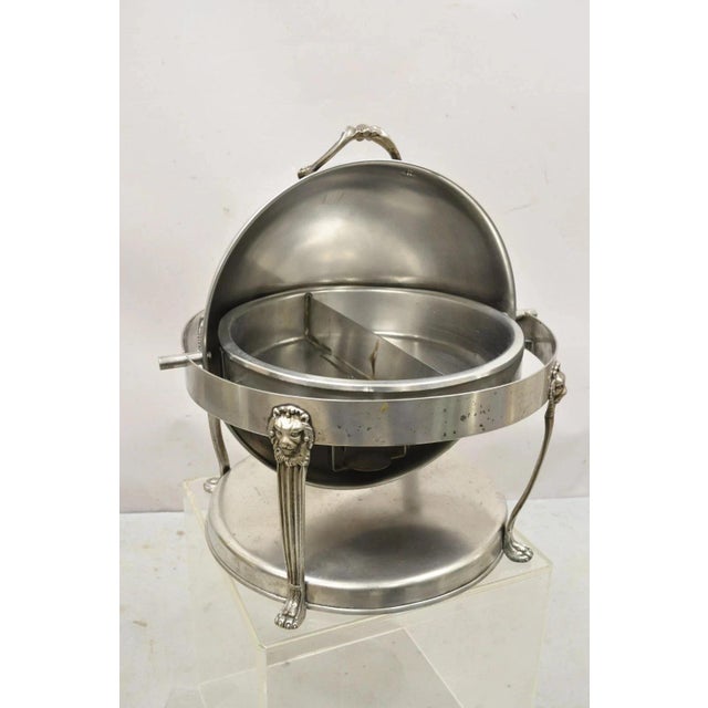 Vintage Regency Silver Plated Steel Round Catering Serving Chafing Dish W/ Lions For Sale In Philadelphia - Image 6 of 12