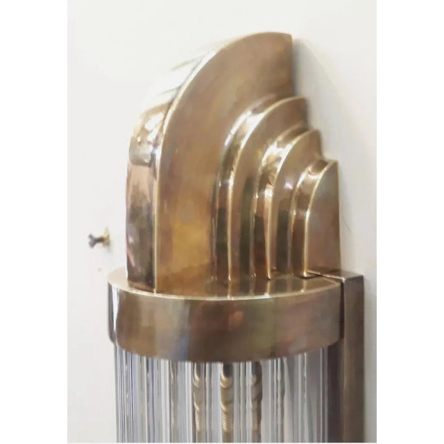 1940s 1940s Skyscraper Art Deco Brass & Glass Rod Ship Light Fixture Wall Sconce For Sale - Image 5 of 8