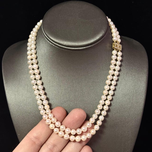 Akoya Pearl Diamond Necklace 17" 6.34 mm 18k Gold Estate Certified $5950 For Sale In New York - Image 6 of 8