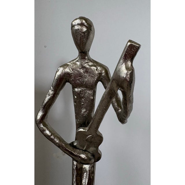 Modern Abstract Cast Aluminum Jazz Musician Sculptures, Set of 2, Silver Metal Figurines, Flute & Guitar Players Contemporary Music Decor 16” Statues For Sale - Image 12 of 12