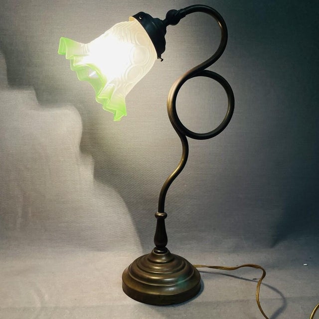 Art Nouveau Whiplash Curve Brass Tulip and Green Glass Table Lamp, 1950s For Sale - Image 3 of 14
