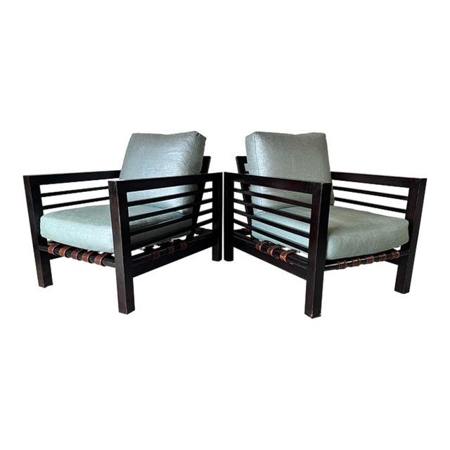 Oversize - Vintage Century Furniture Solid Wood & Leather Strapped Seating Lounge Chairs - A Pair For Sale