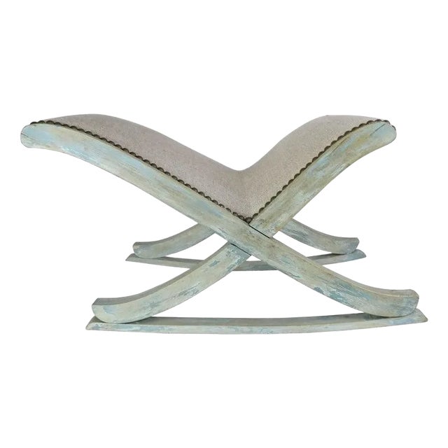 Swedish Painted "X" Rocking Bench With Linen Upholstery, Circa 1930s For Sale