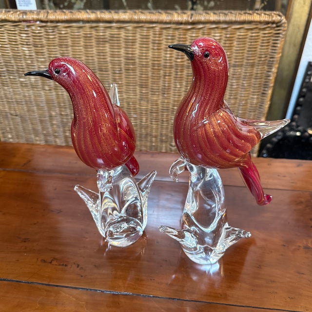 Design Plus Gallery presents a Set of Two Vintage Red + Gold Murano Bird Figurines. Hand blown art glass sculptures...