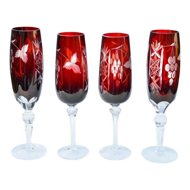 Mid 20th Century Handblown Cut-to-Clear Textured Crystal Flutes- Set of 4 For Sale