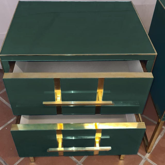 Italian Pair of Night Stands Dark Green Glass With Brass Trim Available For Sale - Image 4 of 5