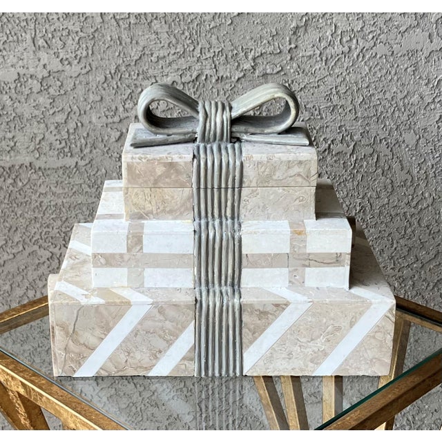 Excellent Pre-Owned Condition. Whimsical multi-tier tessellated travertine stone jewelry box, uniquely designed to look...