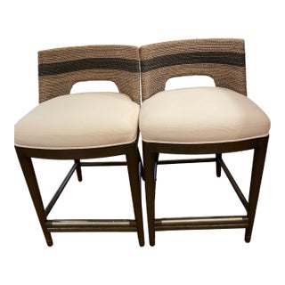 Attributed Kathy Kuo Home Palecek Fritz Coastal Beach White Performance Striped Grey Rope Counter Stool Pair For Sale