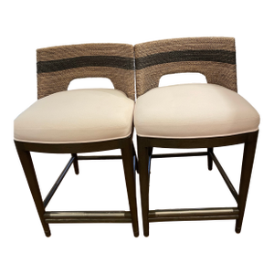 Attributed Kathy Kuo Home Palecek Fritz Coastal Beach White Performance Striped Grey Rope Counter Stool Pair