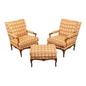 Don Ruseau French Louis XV Pair of Carved Walnut Bergeres and Matching Ottoman