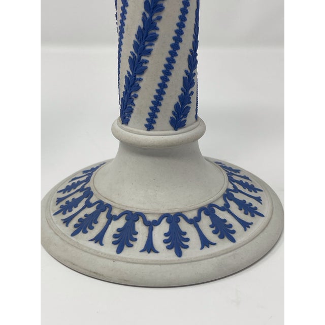Late 19th Century Antique c.1876 Wedgwood White Jasperware Candlesticks - Pair of Rare White Columns With Cobalt Blue Spiral Twist Relief For Sale - Image 5 of 12