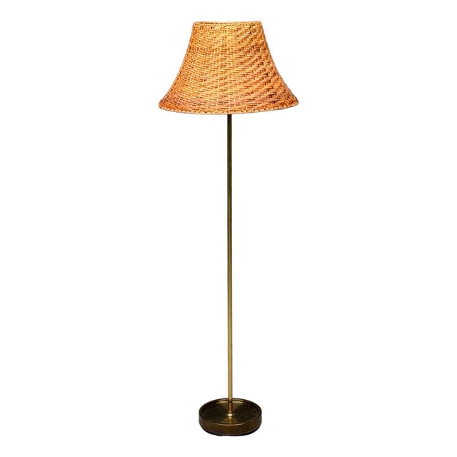 Falkenbergs Belysning, Floor Lamp, Brass, Rattan, Sweden, 1950s For Sale