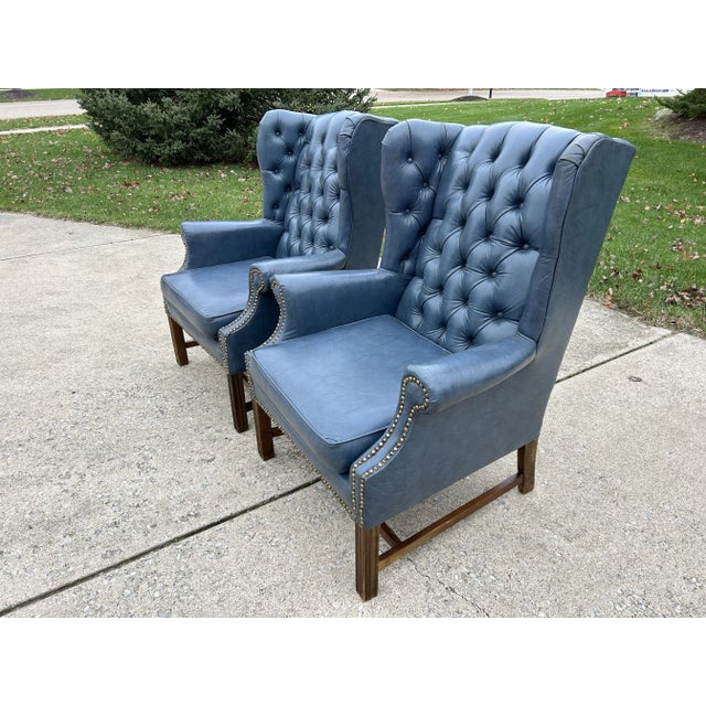 Mid-Century Chesterfield Wingback Chairs, a Pair - Tufted Blue Faux Leather With Nailhead Detailing For Sale - Image 6 of 11