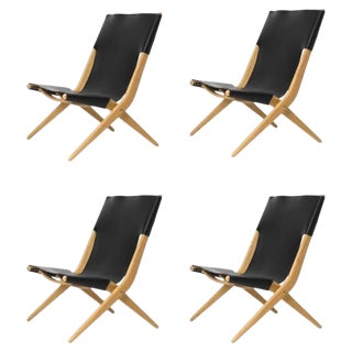Natural Oiled Oak and Black Leather Saxe Chairs by Lassen, Set of 4 For Sale