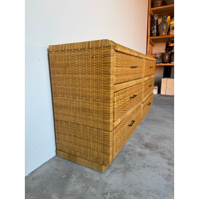 Vintage Coastal Wrapped Rattan Six-Drawer Dresser With Brass Handles For Sale - Image 9 of 12