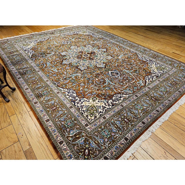 Vintage Persian Tabriz Rug, Hand-Knotted Wool, Mythical Firebird Motif, Brown & Ivory, 10x13 For Sale - Image 15 of 15