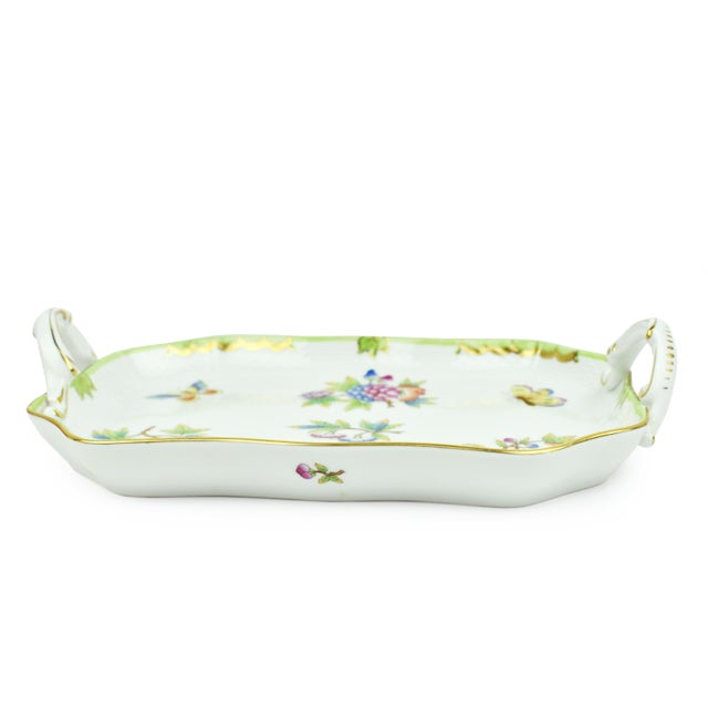 Herend Hand Painted Herend Green Boarder Queen Victoria Pattern Tray With Handles Hungary For Sale - Image 4 of 8