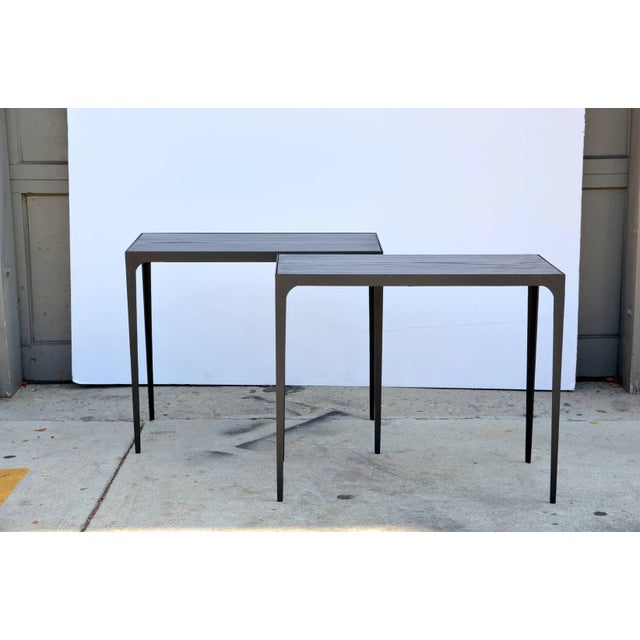 Art Deco 'Esquisse' Ebonized Grooved Oak and Iron Side Tables by Design Frères - a Pair For Sale - Image 3 of 6