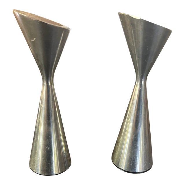 Vintage 1994 Nambé ‘Nova’ Candlesticks 6045 by Karin Rashid Pair For Sale