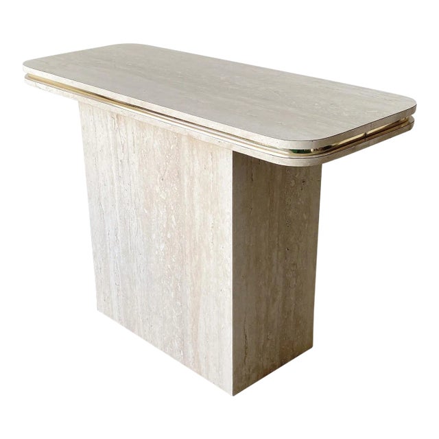 Postmodern Faux Travertine Laminate Console Table With Gold Trim For Sale