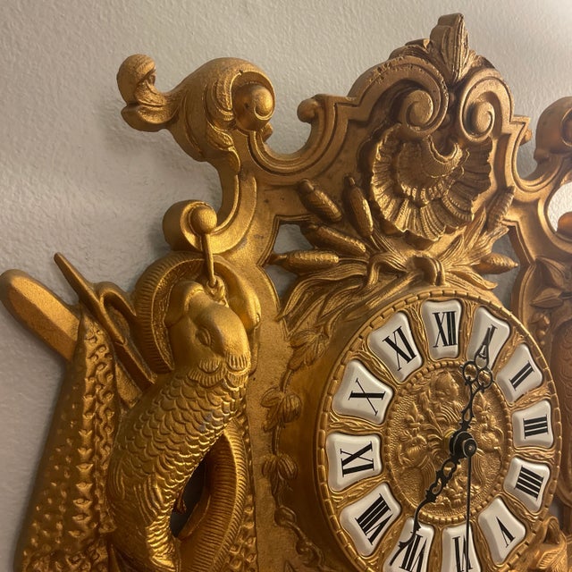 Vintage European Black Forest Renaissance Revival Style Gold Gilt Cast Bronze Wall Clock, ornate scrolled crest, leaves...