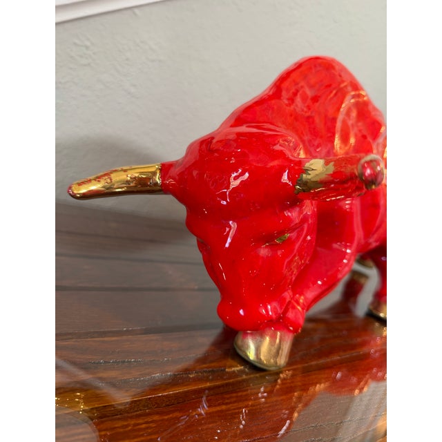 1950s Large Pair of 1950s MCM Glossy Firehouse Red and Gilded Kt Gold Paint Accents Ceramic Fighting Bull and Matador Figurines For Sale - Image 5 of 12
