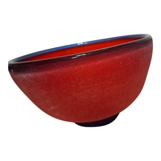 Franco Moretti Murano Art Glass Scavo Bowl Red Cobalt Blue Signed Italy Vintage For Sale