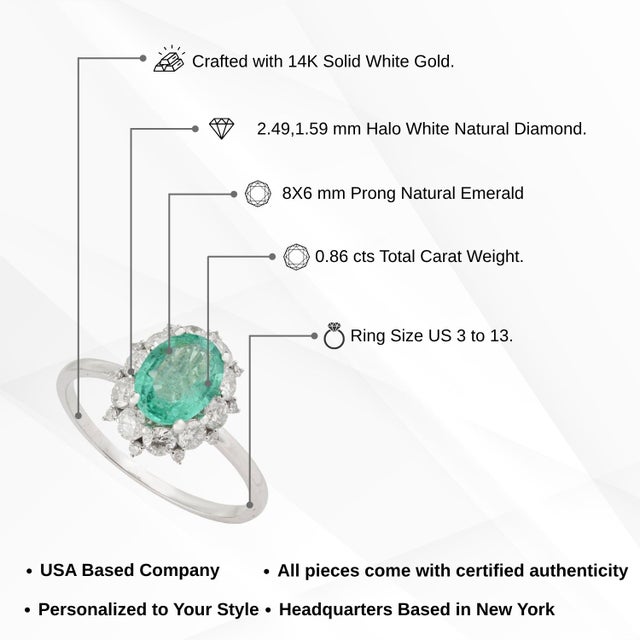 14k Gold Statement Oval Emerald & Diamond Cluster Engagement Ring Size 5.5 For Sale - Image 14 of 18