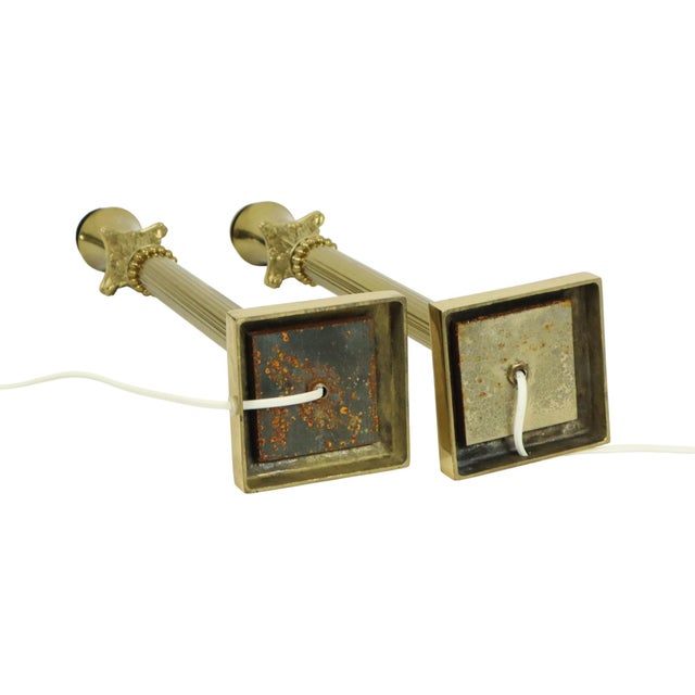 Hollywood Regency Lamps with Brass Pillar Column, 1950s, Set of 2 For Sale - Image 14 of 18