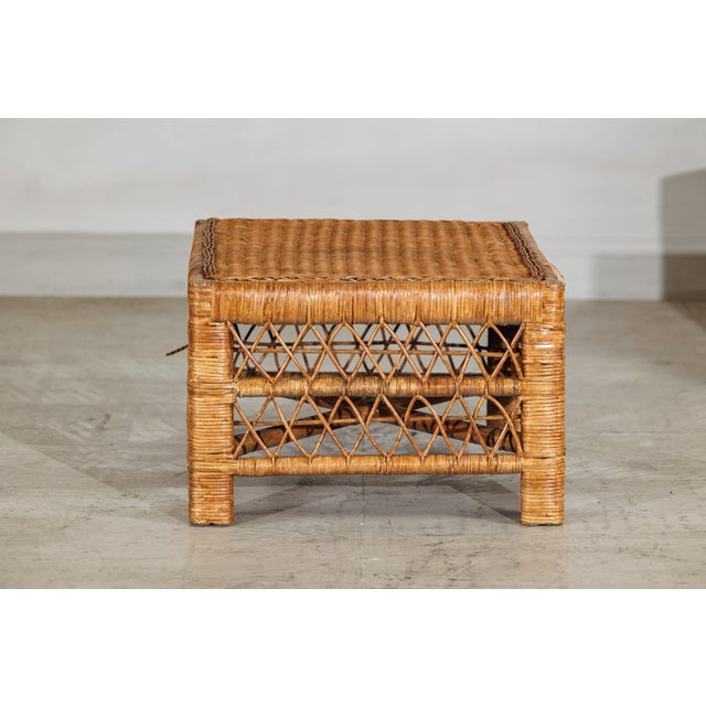 Vintage Country Style Low Rectangular Rattan Coffee Table with Lattice Base For Sale - Image 9 of 12