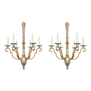 Pair of Louis XVI Style Giltwood and Wrought Iron 6-Light Chandeliers