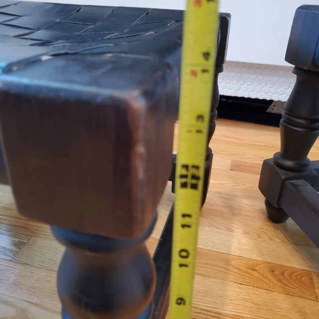 Vintage 1970s Small Rustic Black Woven Leather   Wood Stools / Tables