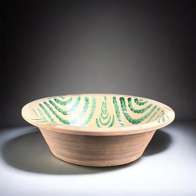 Large Spanish handmade and painted white and green glazed terracotta "Lebrillo" earthenware bowl in the style typical of...