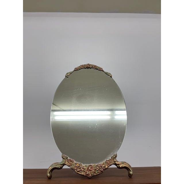 Mid-Century Modern Vintage Oval Vanity Mirror With Hand-Painted Floral Frame and Easel Back For Sale - Image 3 of 11