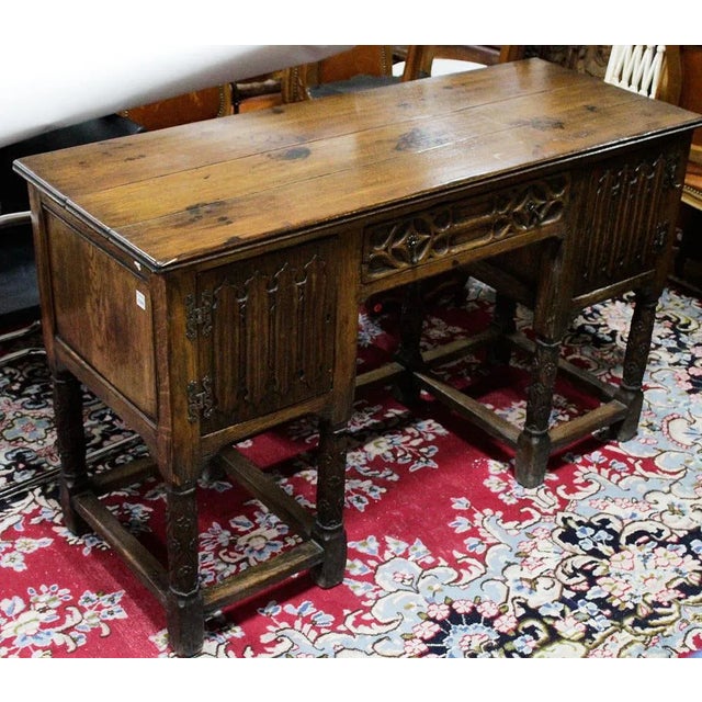 1920s Antique Carved Oak English Clerk's Desk Linen Fold Doors For Sale - Image 5 of 8