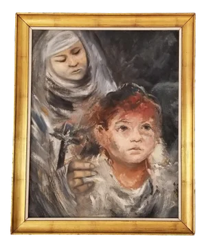 1970s Vintage Nun With Child Abstract Painting