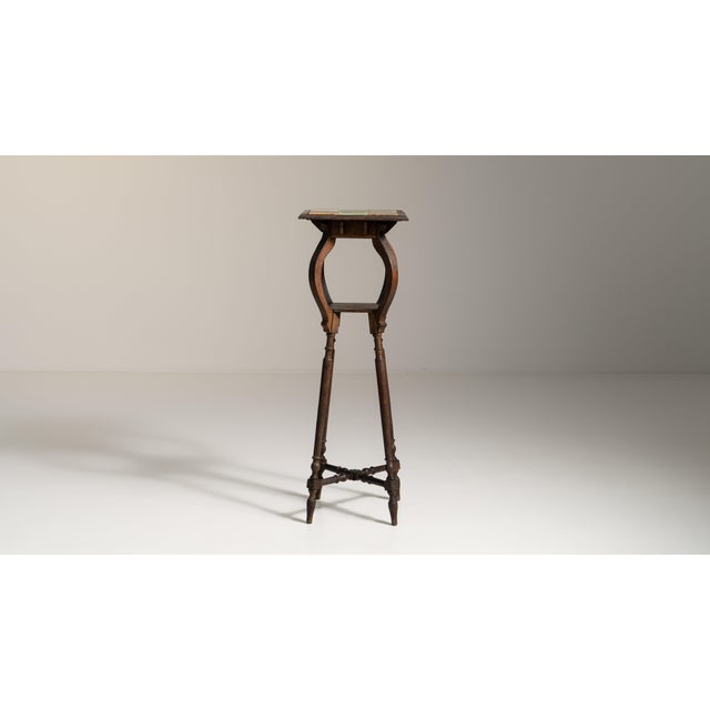 1910s French Chestnut Brown Art Nouveau Pedestal Table with Ceramic Tile Top For Sale - Image 9 of 15