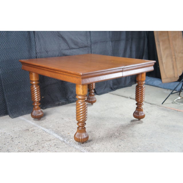 Antique American Arts & Crafts Quartersawn Oak Barley Twist Dining Table Extends For Sale - Image 4 of 18