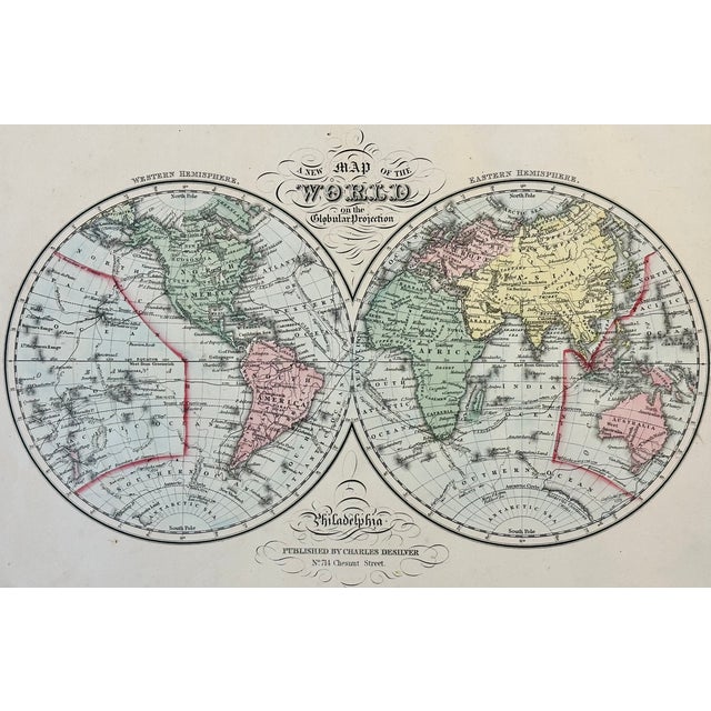 Original steel engraving by Charles Desilver, 1856. Map features the world depicted on a globular projection. Includes...