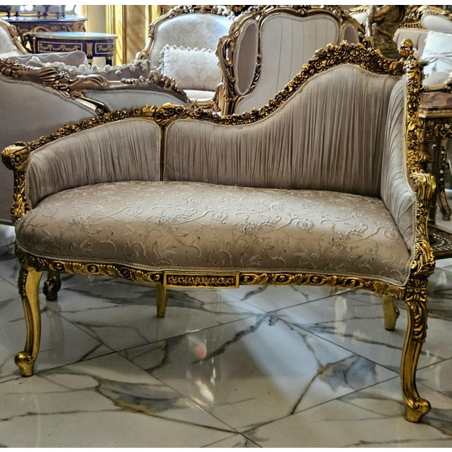 Rococo French Rococo Style Settee Sofa – Beige Embroidered Upholstery With Ornate Gold Leaf Frame For Sale - Image 3 of 5