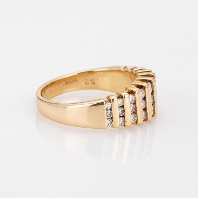 Modern Vintage Diamond Ring Sz 4.75 Ribbed Wide Band 14k Yellow Gold Fine Jewelry For Sale - Image 3 of 6