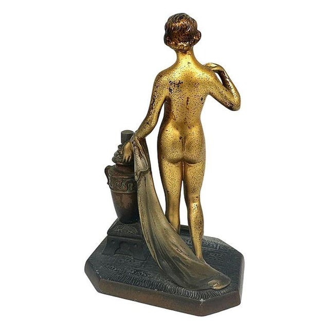 1930s 1930s Art Deco Spelter Metal Nude Flapper Goddess Desktop Torch Tip Table Lighter For Sale - Image 5 of 11