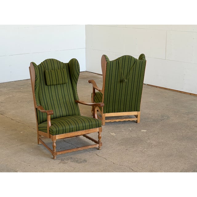 Scandinavian Oak Wingback Lounge Chairs in Striped Wool, 1940s, Set of 2 For Sale - Image 13 of 13