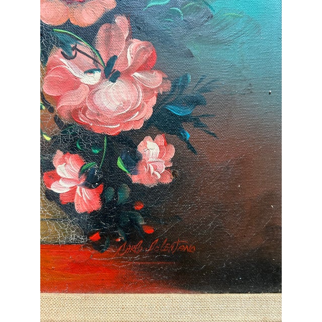 Vintage Original Floral Still Life Oil Painting on Canvas Bright Colors in Vintage Frame For Sale In Philadelphia - Image 6 of 7