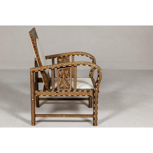 Brown Anglo Style Bone Inlaid Armchair with Folding Back and Loop Arms For Sale - Image 8 of 12