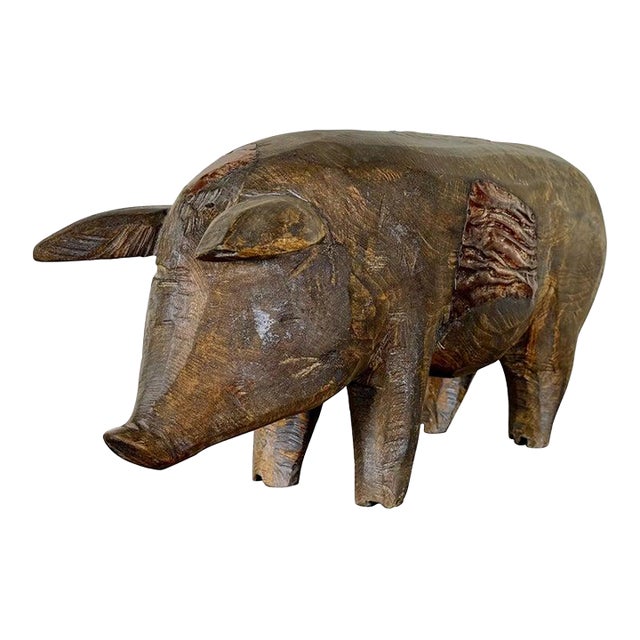 Folk Art Carved Wooden Pig Sculpture With Patinated Finish For Sale