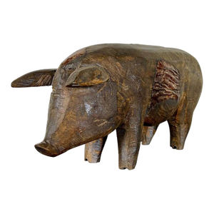 Folk Art Carved Wooden Pig Sculpture With Patinated Finish