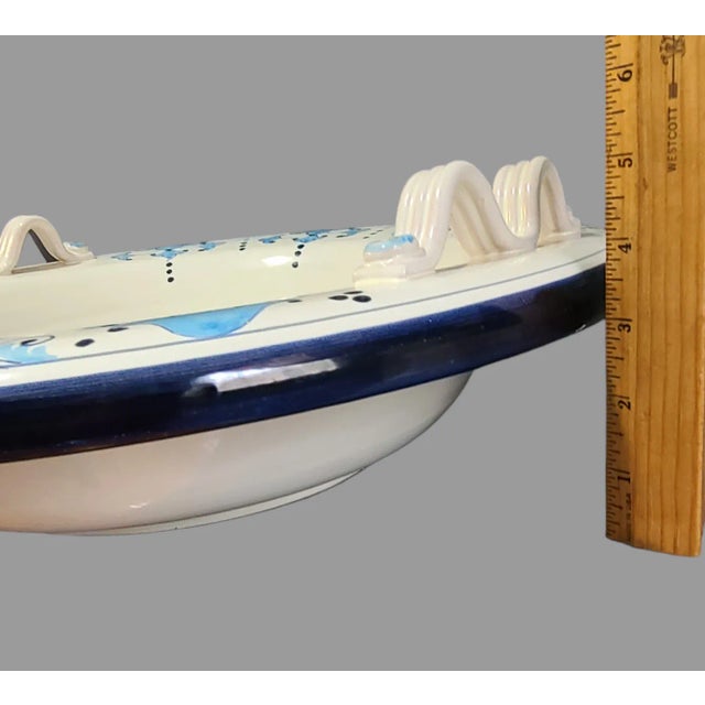Traditional Large Late 20th Century Hand Painted Pottery Blue & White Center Piece Bowl Made in Italy For Sale - Image 3 of 10