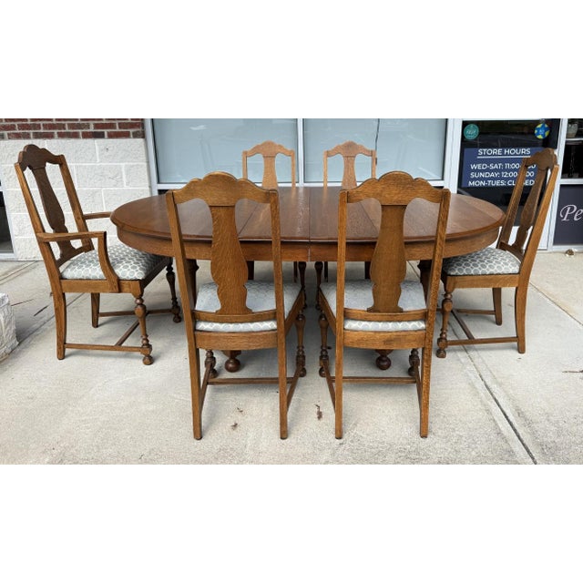 J.B. Van Sciver Company 7 Piece j.b. Van Sciver Co. Refinished Antique Oak Round Dining Set With Two Leaves For Sale - Image 4 of 18
