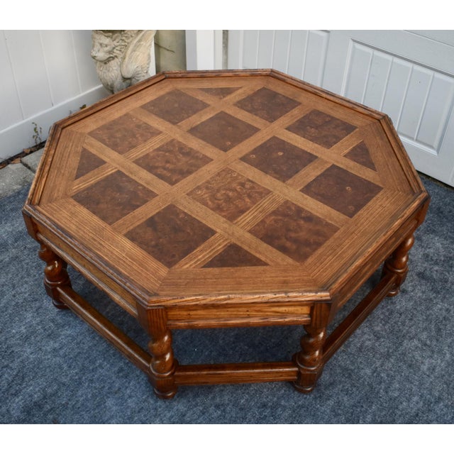 Baker Oak and Burl Coffee Table Vintage Jacobean Style Octagonal For Sale In Philadelphia - Image 6 of 13